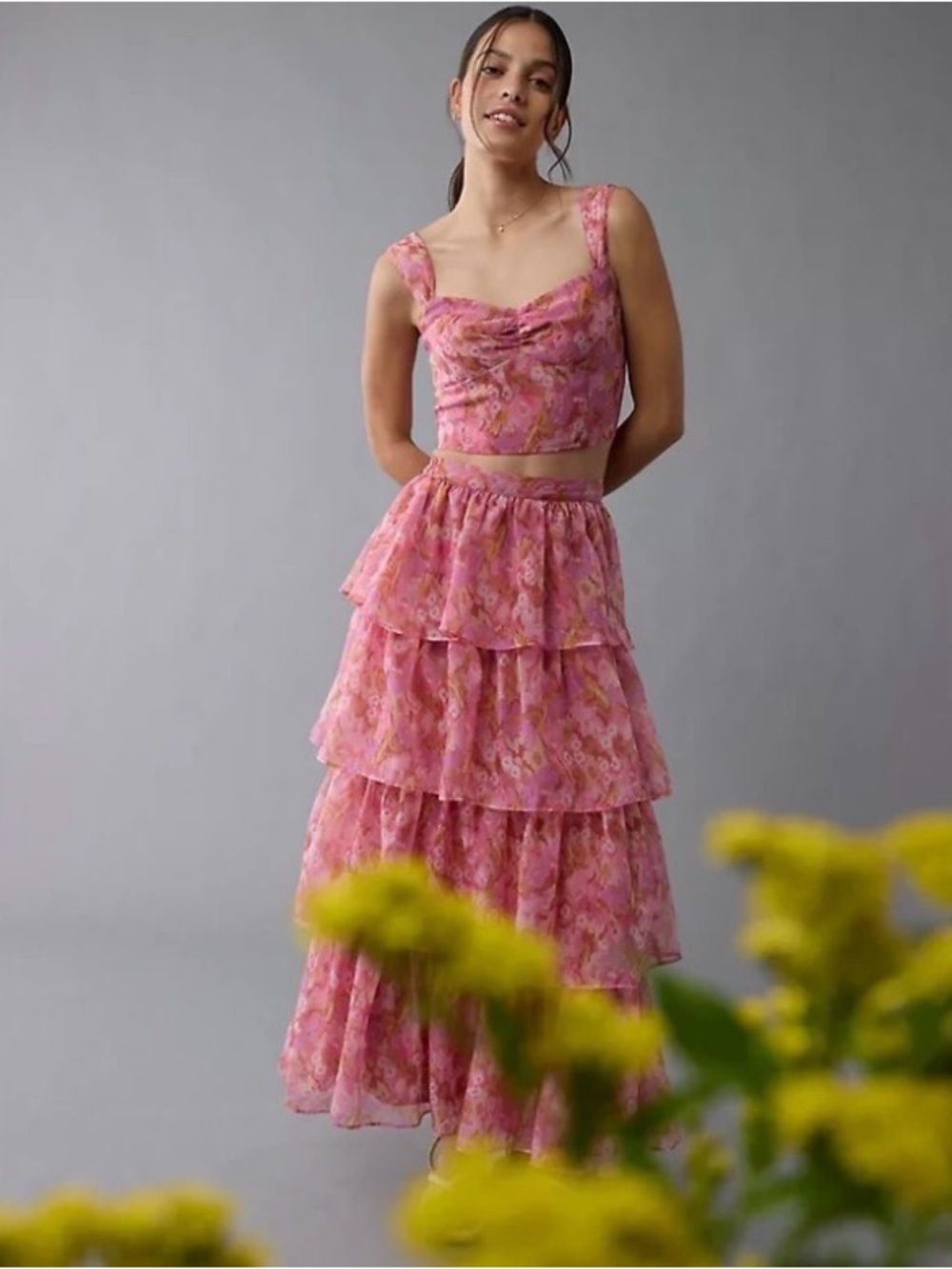 AE Floral Organza Maxi Skirt Set in Pink - Size XXS but will XS